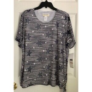 ALFRED DUNNER WOMEN'S TOP BLUE/WHITE STARTS PULLOVER SHORT SLEEVE ALL AMERICAN83